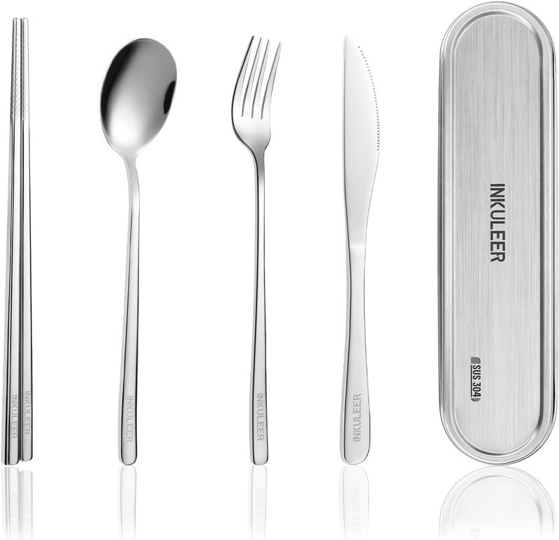 inkuleer Travel Cutlery Set - 18/8 Stainless Steel Reusable Utensils with Metal Case, Portable Silverware for Camping, Office, Travel & Outdoor Dining - Image 1